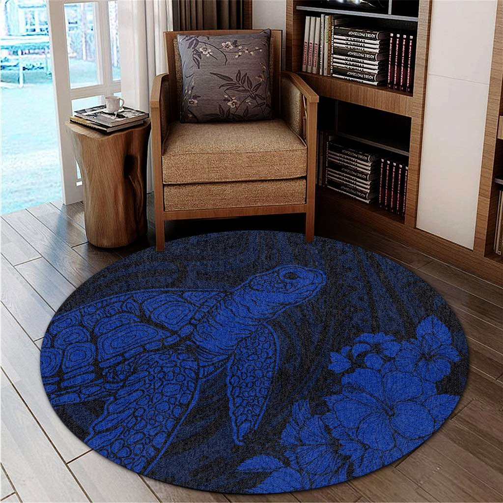 Hawaiian Hibiscus Memory Turtle Polynesian Round Carpet Blue - AH - Polynesian Pride