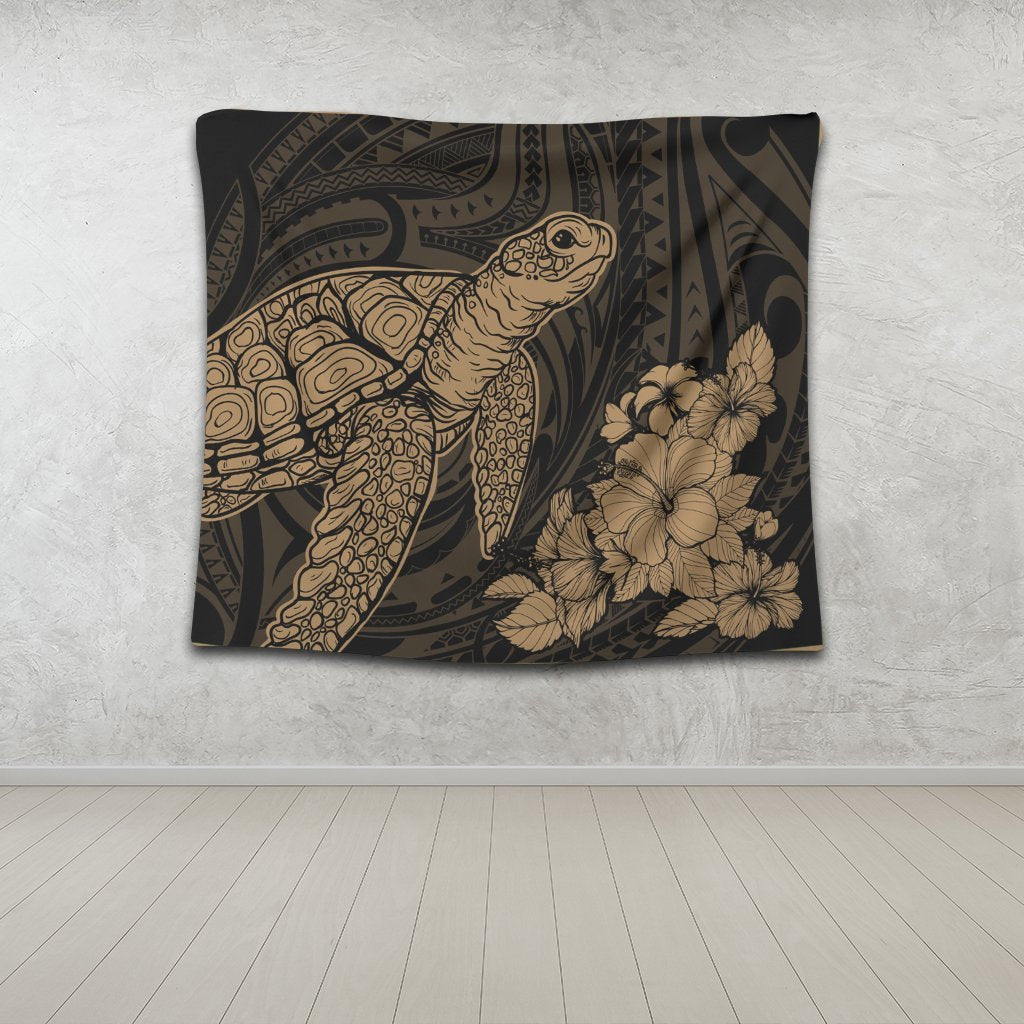 Hawaiian Hibiscus Memory Turtle Polynesian Tapestry Gold - AH - Polynesian Pride