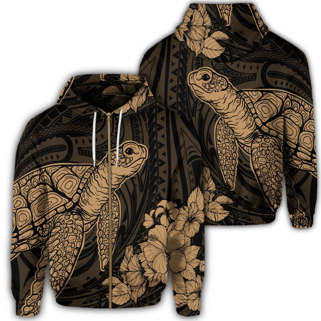Hawaiian Hibiscus Memory Turtle Polynesian Zip Hoodie Gold Unisex Art - Polynesian Pride