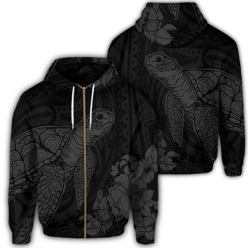 Hawaiian Hibiscus Memory Turtle Polynesian Zip Hoodie Gray Unisex Art - Polynesian Pride