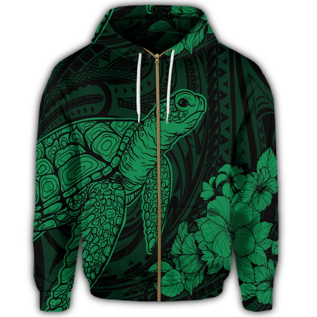 Hawaiian Hibiscus Memory Turtle Polynesian Zip Hoodie Green - Polynesian Pride