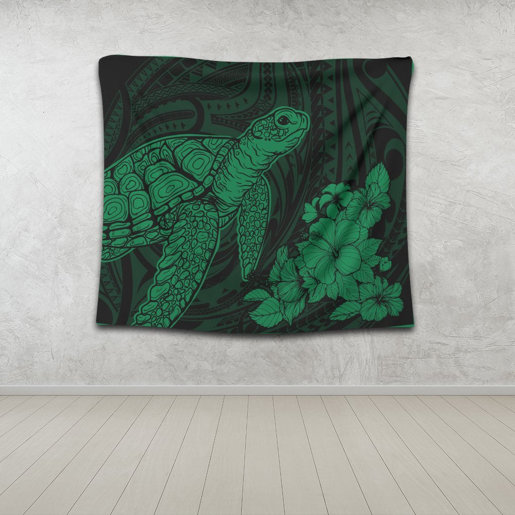 Hawaiian Hibiscus Memory Turtle Polynesian Tapestry Green - AH - Polynesian Pride