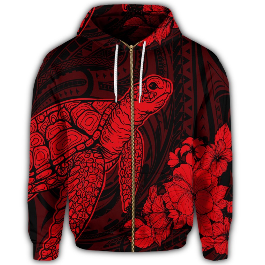Hawaiian Hibiscus Memory Turtle Polynesian Zip Hoodie Red - Polynesian Pride