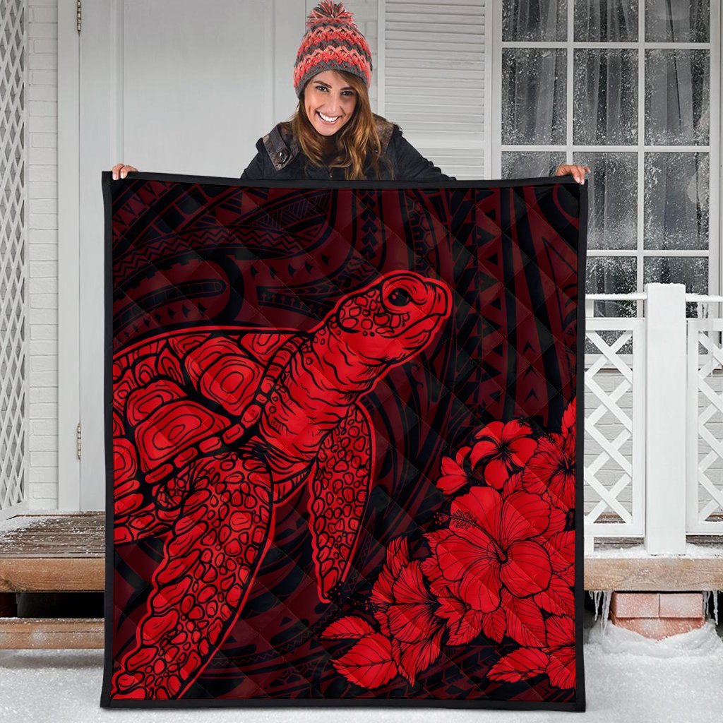 Hawaiian Hibiscus Memory Turtle Polynesian Premium Quilts Red - AH - Polynesian Pride