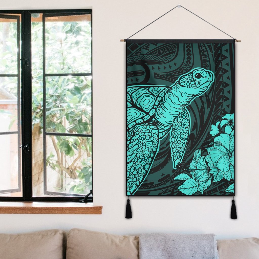 Hawaiian Hibiscus Memory Turtle Polynesian Hanging Poster Turquoise - AH - Polynesian Pride