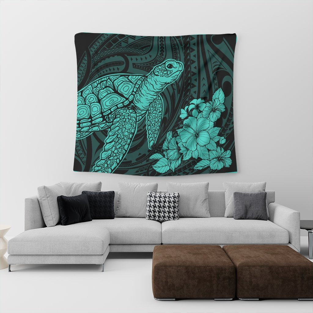 Hawaiian Hibiscus Memory Turtle Polynesian Tapestry Turquoise - AH - Polynesian Pride
