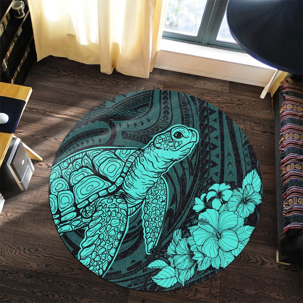 Hawaiian Hibiscus Memory Turtle Polynesian Round Carpet Turquoise - AH - Polynesian Pride