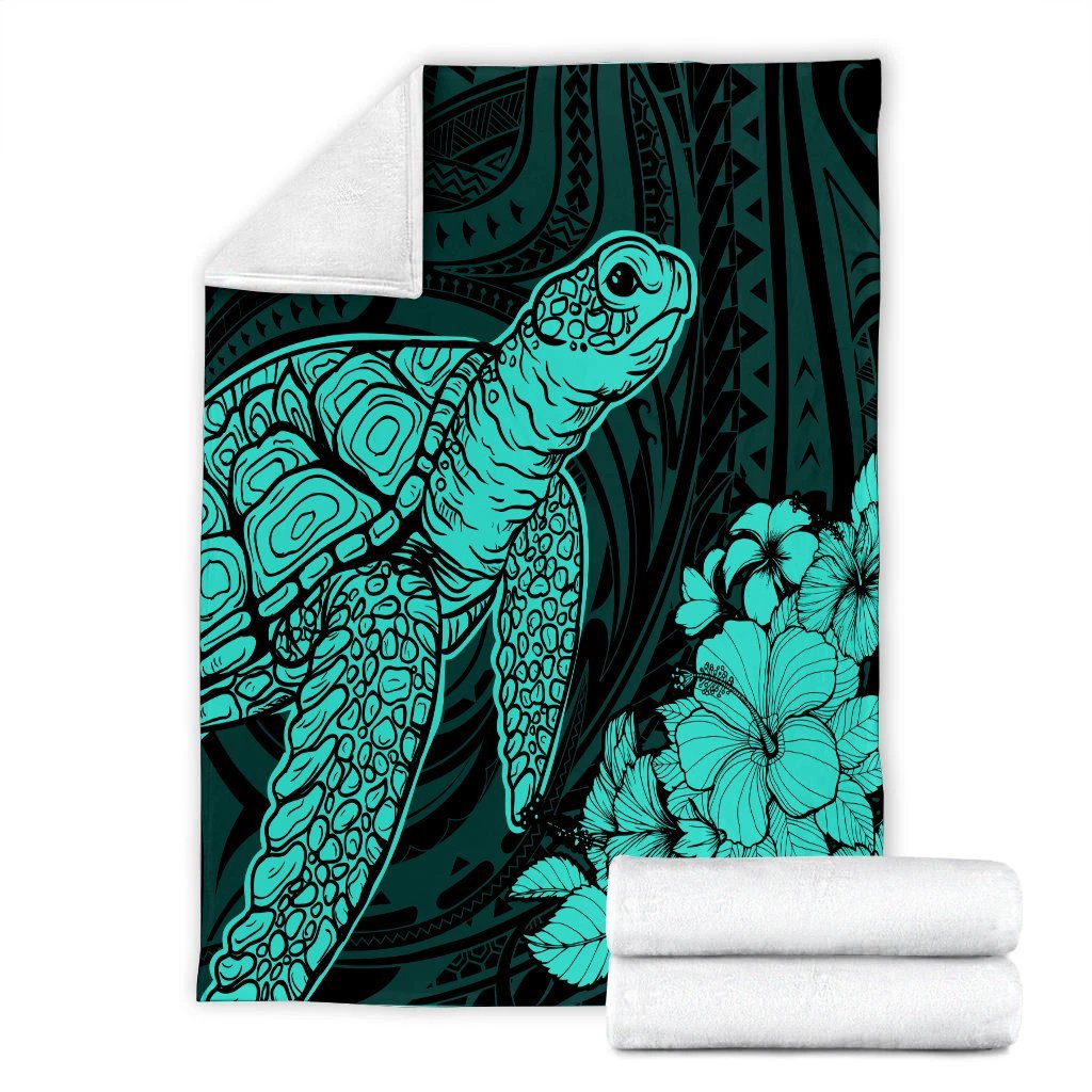 Hawaiian Hibiscus Memory Turtle Polynesian Premium Blankets Turquoise - AH - Polynesian Pride