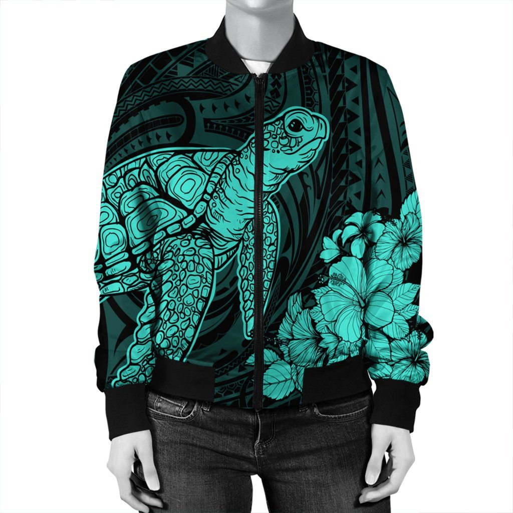 Hawaiian Hibiscus Memory Turtle Polynesian Bomber Jacket Turquoise - AH - Polynesian Pride