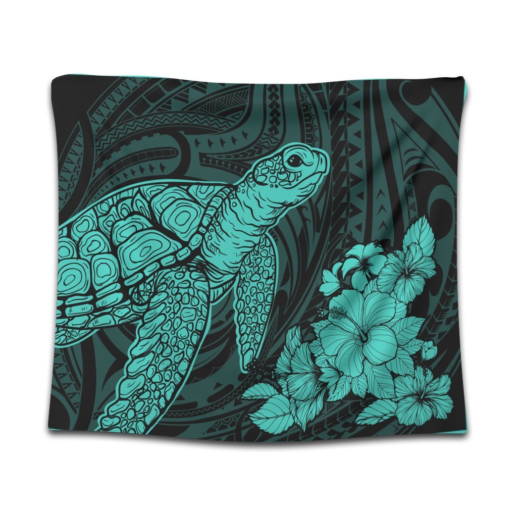 Hawaiian Hibiscus Memory Turtle Polynesian Tapestry Turquoise - AH Wall Tapestry Black - Polynesian Pride
