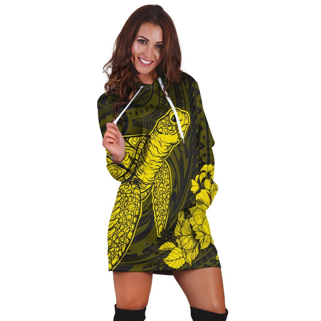 Hawaiian Hibiscus Memory Turtle Polynesian Hoodie Dress Yellow - AH - Polynesian Pride