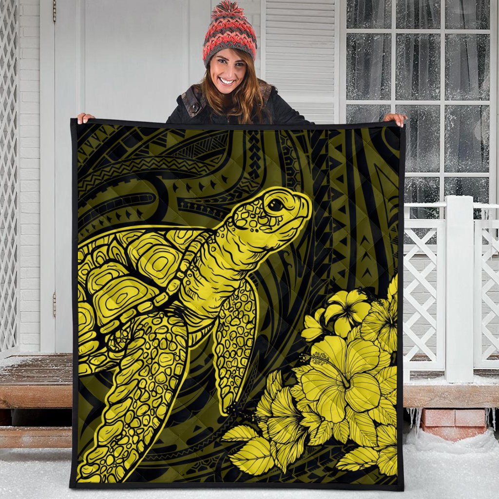 Hawaiian Hibiscus Memory Turtle Polynesian Premium Quilts Yellow - AH - Polynesian Pride