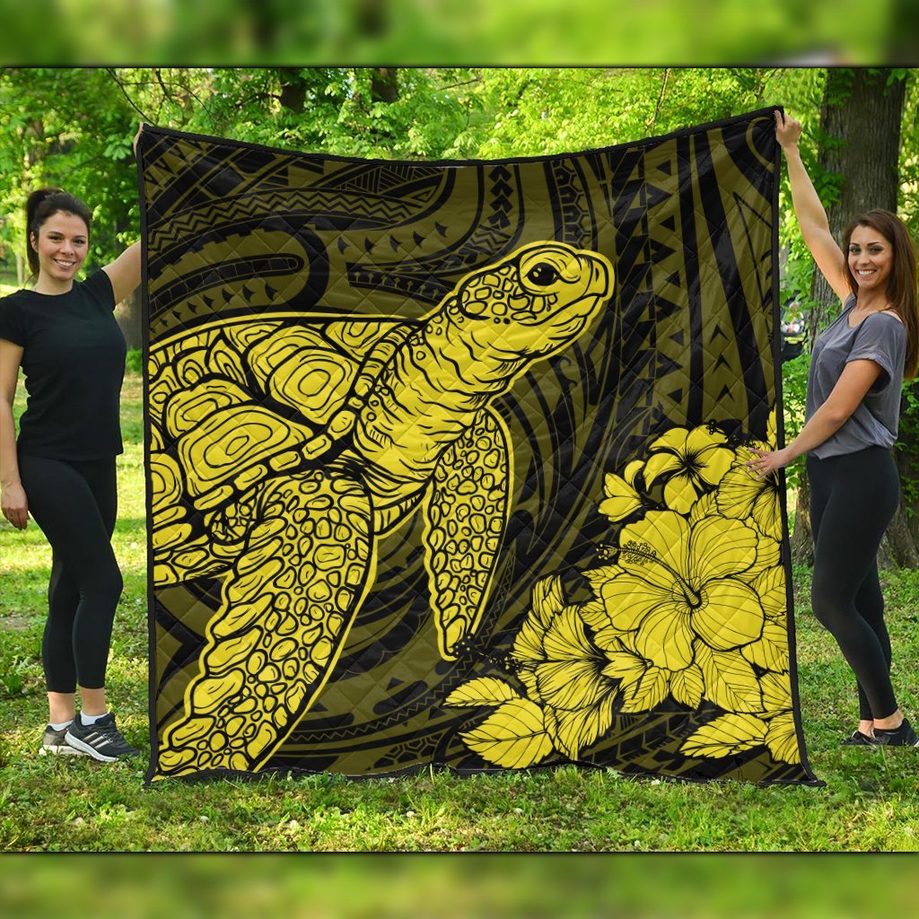 Hawaiian Hibiscus Memory Turtle Polynesian Premium Quilts Yellow - AH Black - Polynesian Pride
