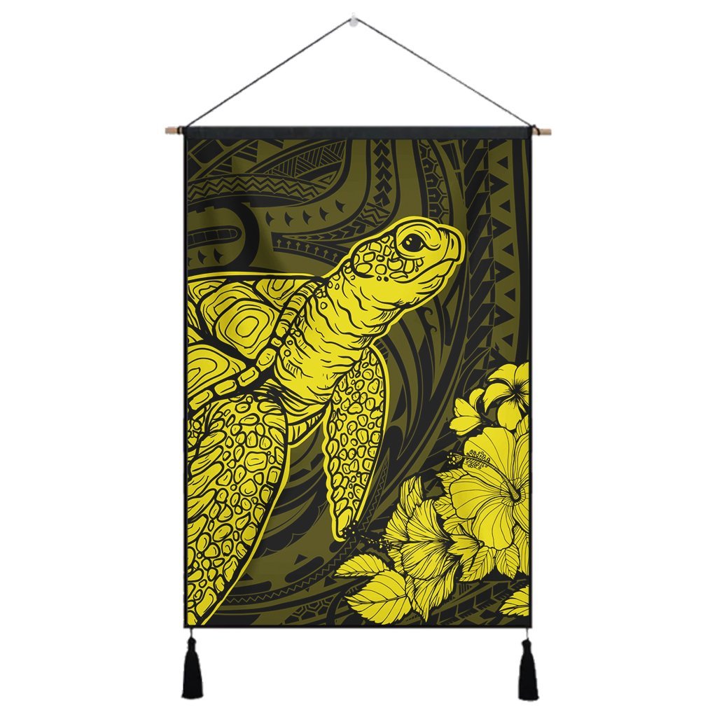Hawaiian Hibiscus Memory Turtle Polynesian Hanging Poster Yellow - AH Hanging Poster Cotton And Linen - Polynesian Pride