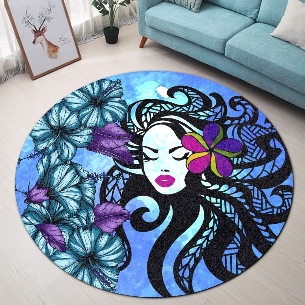 Hawaiian Hibiscus Plumeria Hula Girl Polynesian Round Carpet - AH - Polynesian Pride
