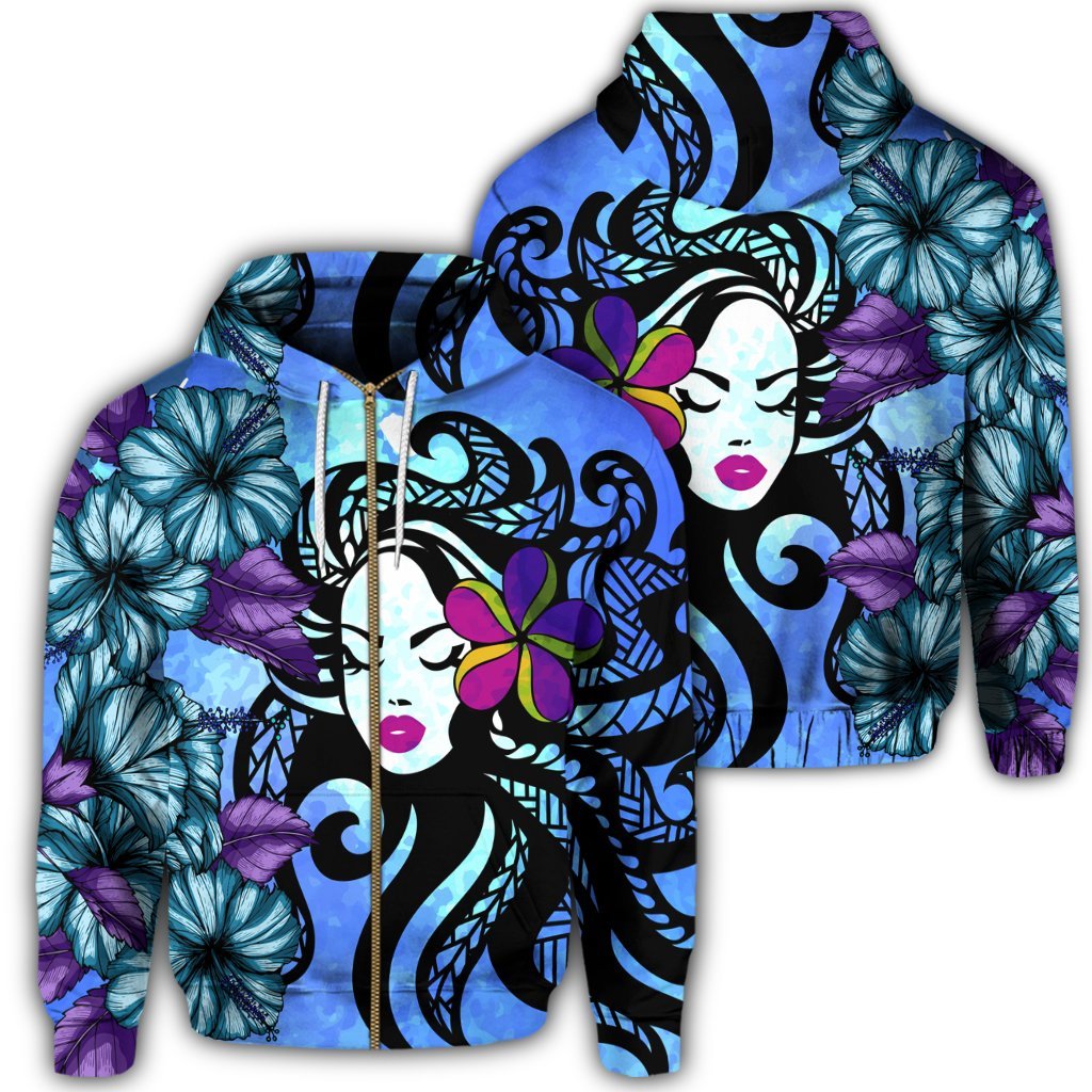 Hawaiian Hibiscus Plumeria Hula Girl Polynesian Zip Hoodie Unisex Art - Polynesian Pride