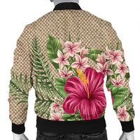 Hawaiian Hibiscus Plumeria Palm Leaves Lauhala Background Polynesian Bomber Jacket - AH - Polynesian Pride
