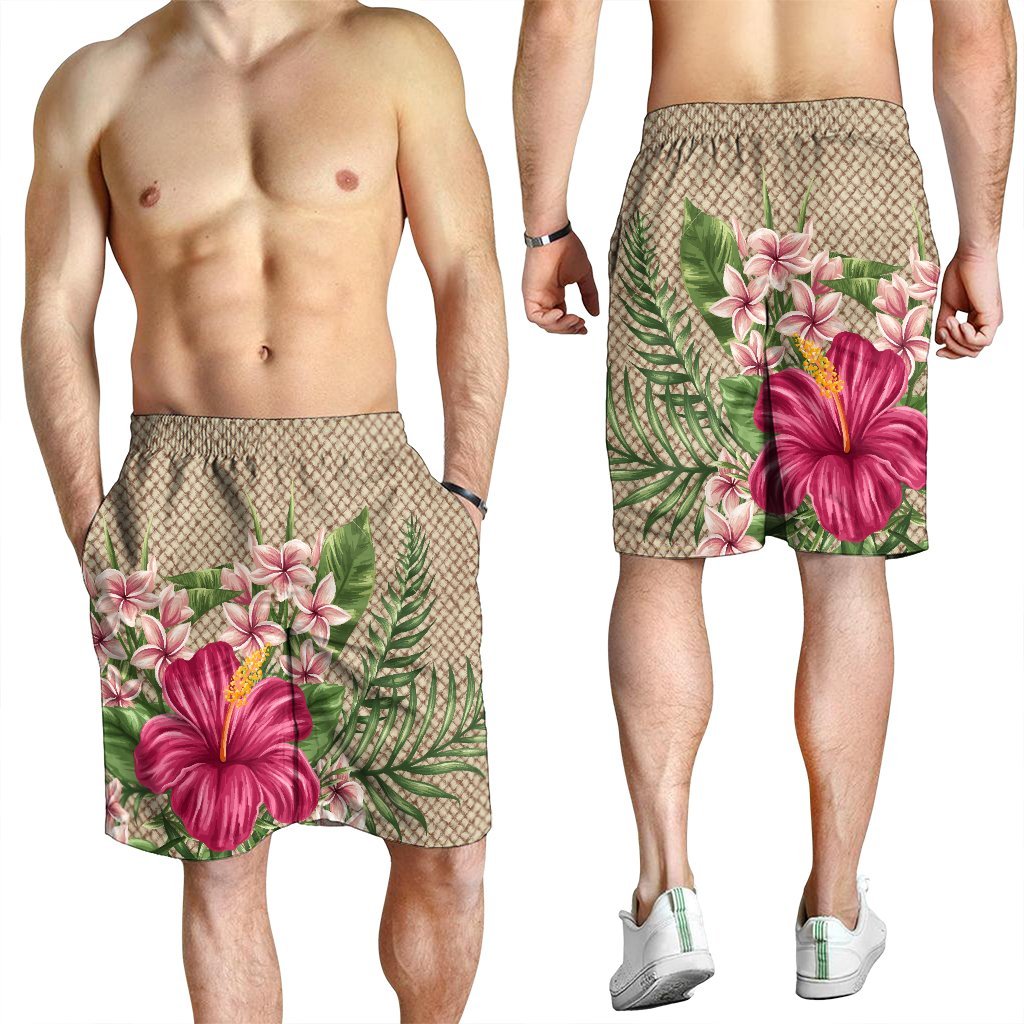 Hawaiian Hibiscus Plumeria Palm Leaves Lauhala Background Polynesian Men's Shorts - AH - Polynesian Pride