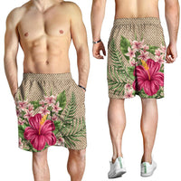 Hawaiian Hibiscus Plumeria Palm Leaves Lauhala Background Polynesian Men's Shorts - AH - Polynesian Pride