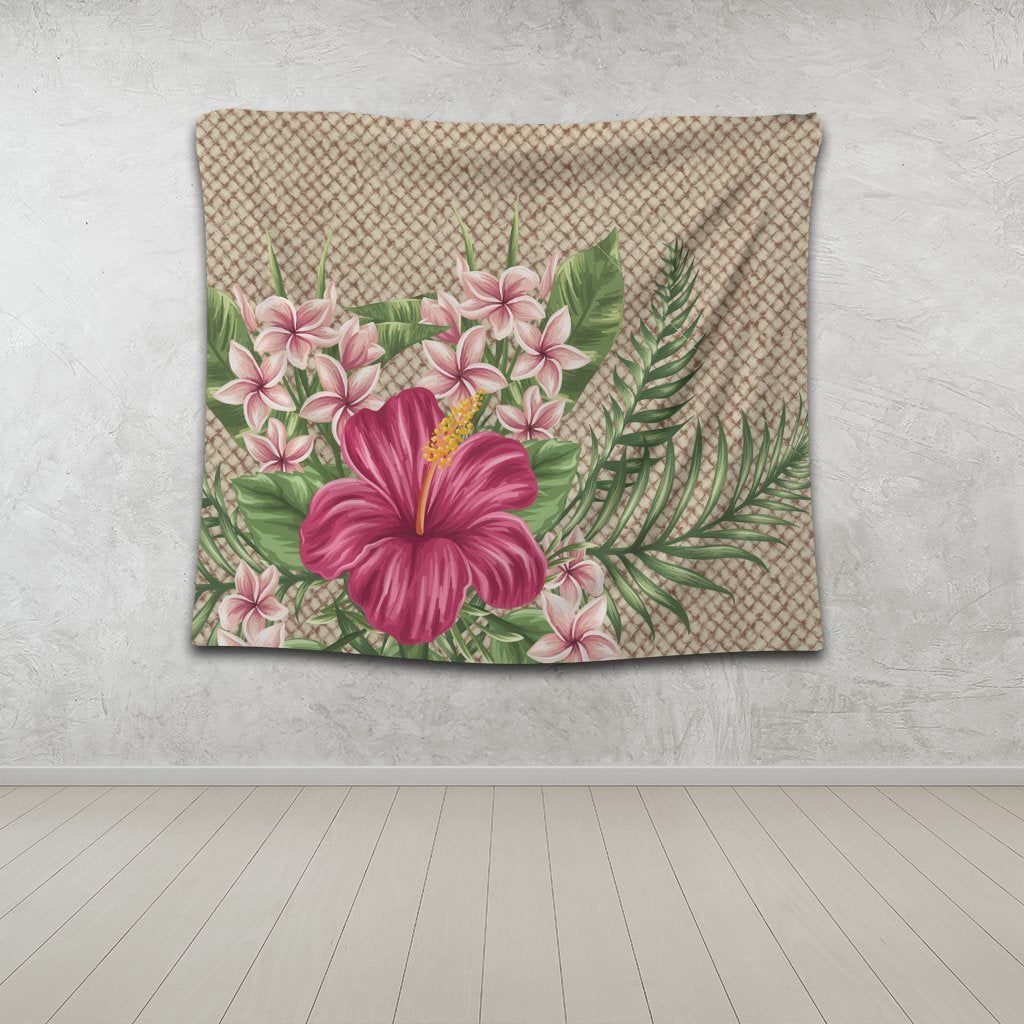 Hawaiian Hibiscus Plumeria Palm Leaves Lauhala Background Polynesian Tapestry - AH - Polynesian Pride