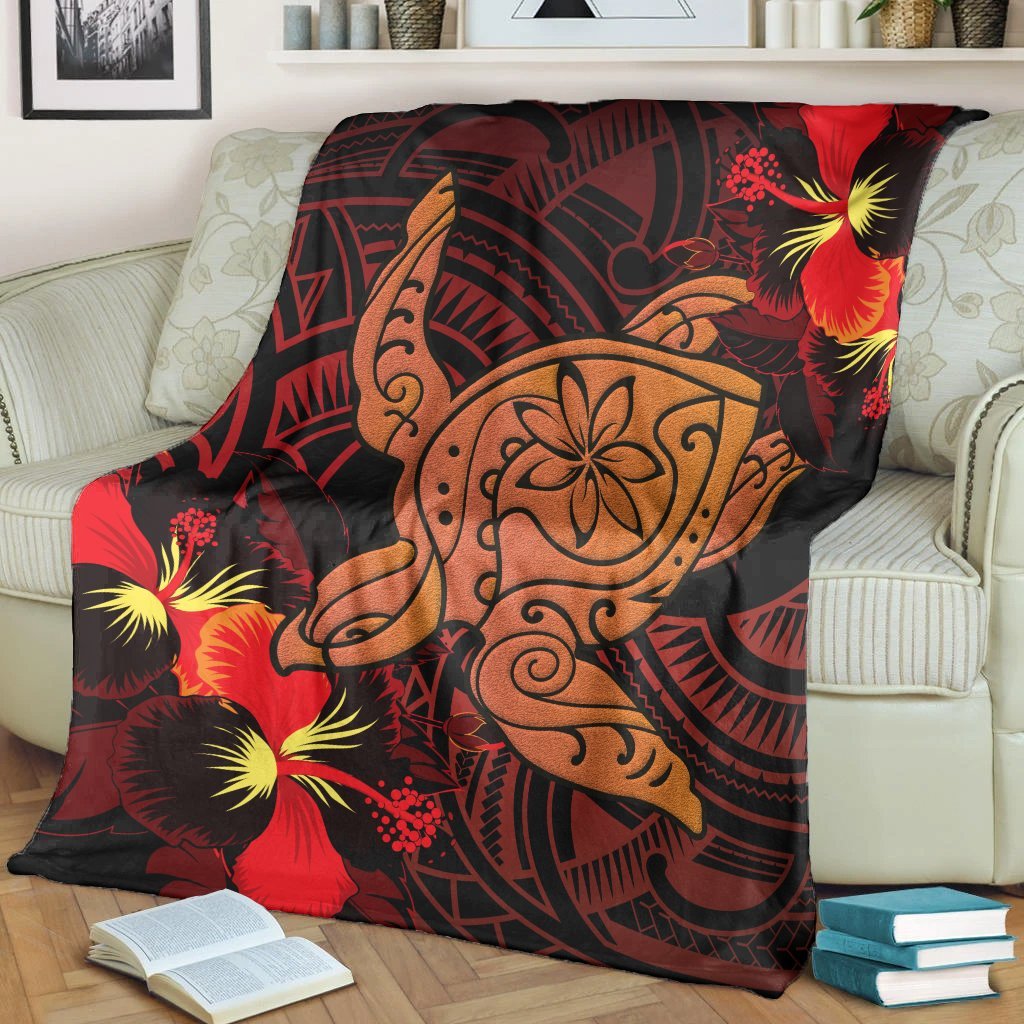 Hawaiian Hibiscus Plumeria Red Big Turtle Polynesian Premium Blankets - AH - Polynesian Pride