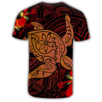Hawaiian Hibiscus Plumeria Red Big Turtle Polynesian T Shirt - Polynesian Pride