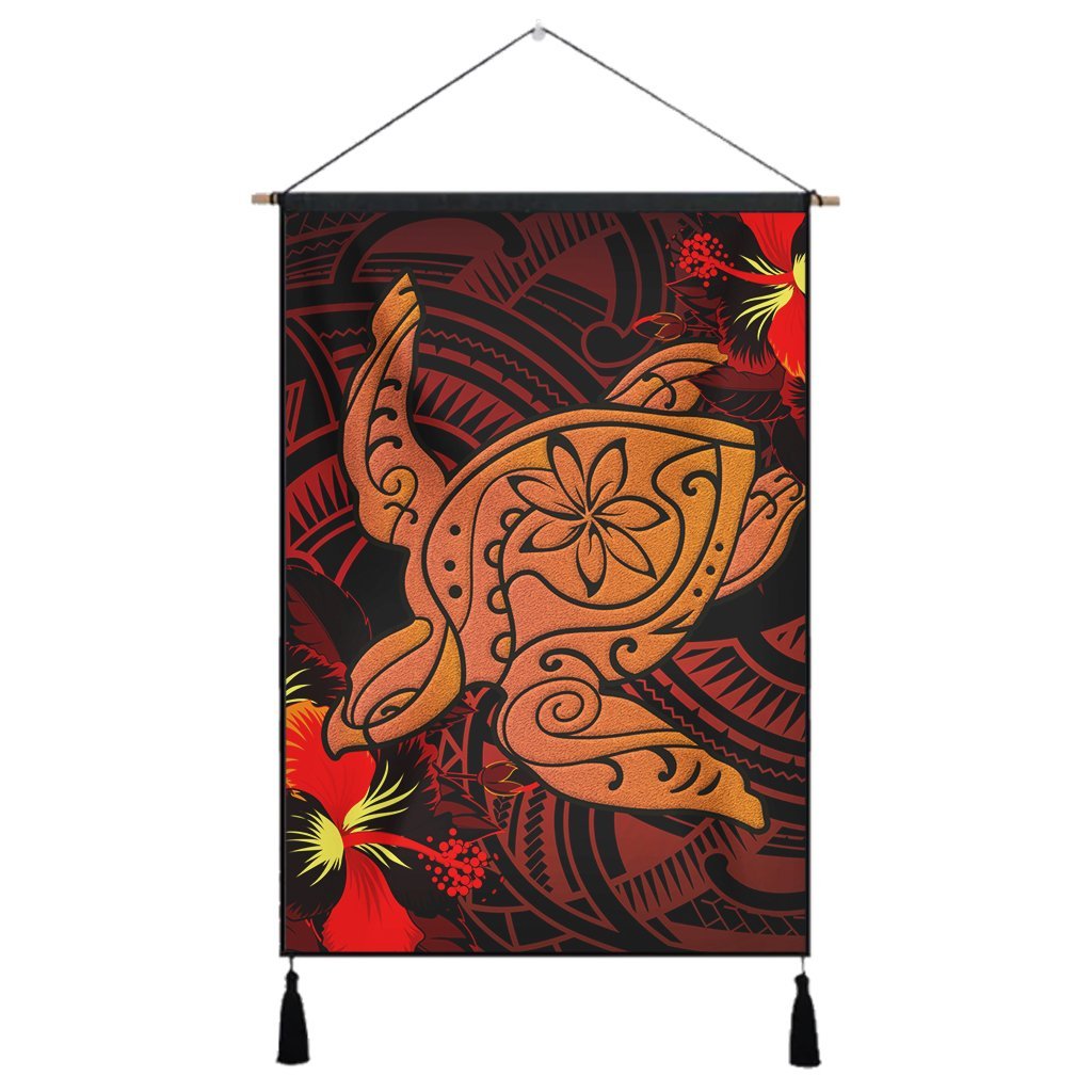 Hawaiian Hibiscus Plumeria Red Big Turtle Polynesian Hanging Poster - AH Hanging Poster Cotton And Linen - Polynesian Pride