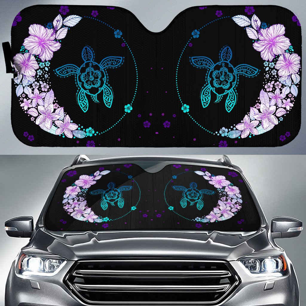 Hawaiian Hibiscus Plumeria Turtle Colorful Flower Hawaii Car Sun Shade Auto Sun Shade Universal Fit Black - Polynesian Pride