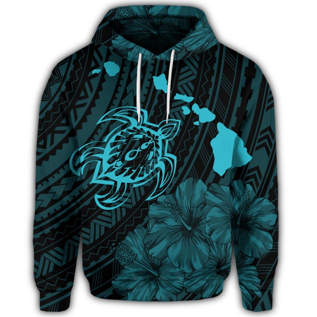 Hawaiian Hibiscus Sea Turtle Swim Polynesian Hoodie Blue - Polynesian Pride