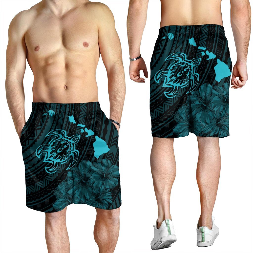 Hawaiian Hibiscus Sea Turtle Swim Polynesian Men's Shorts - Blue - AH - Polynesian Pride