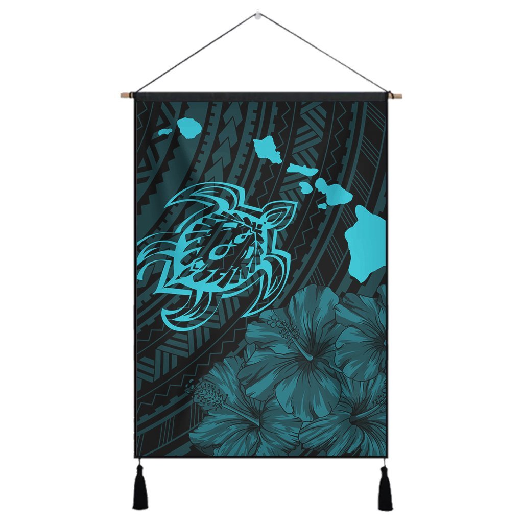 Hawaiian Hibiscus Sea Turtle Swim Polynesian Hanging Poster - Blue - AH Hanging Poster Cotton And Linen - Polynesian Pride