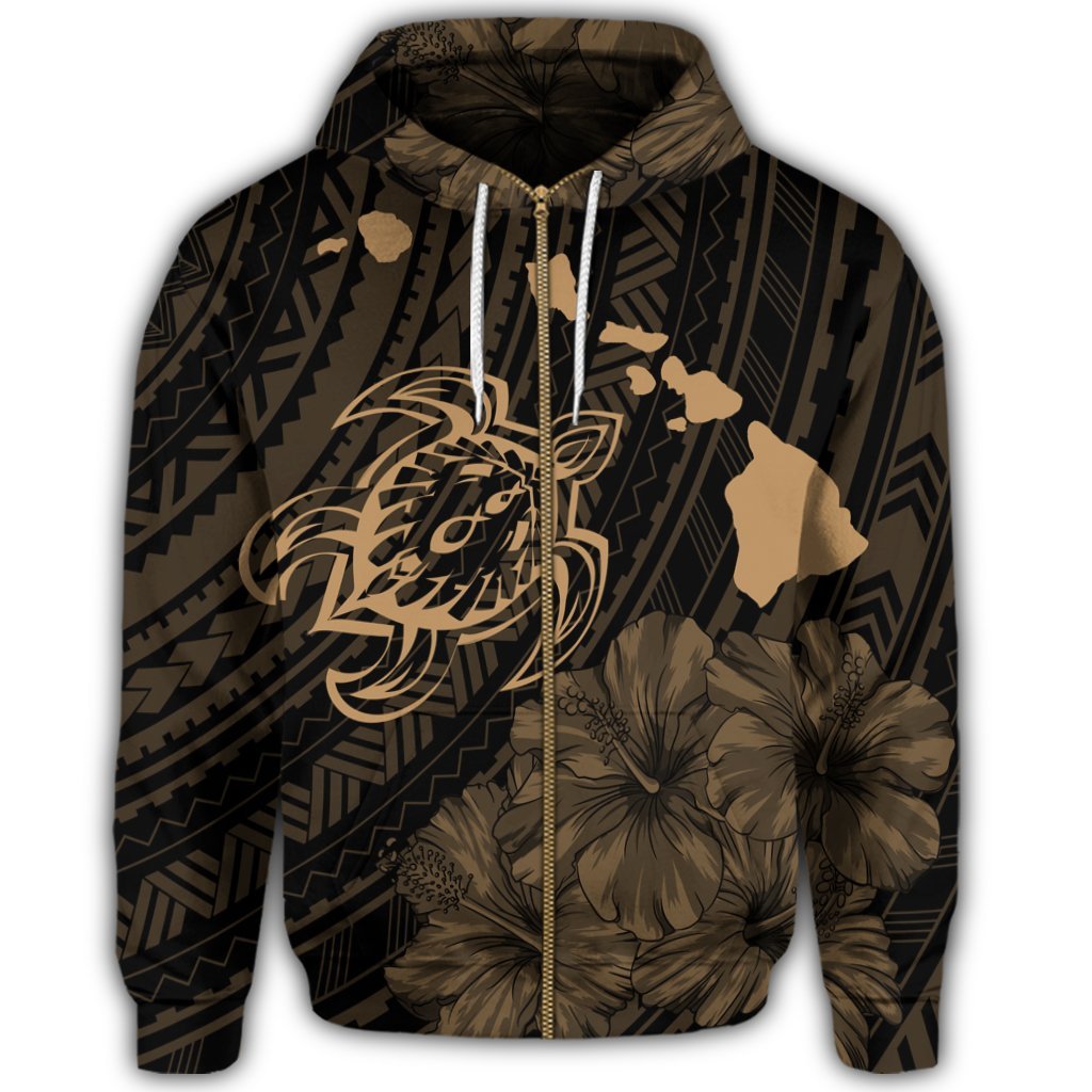 Hawaiian Hibiscus Sea Turtle Swim Polynesian Zip Hoodie Gold - Polynesian Pride