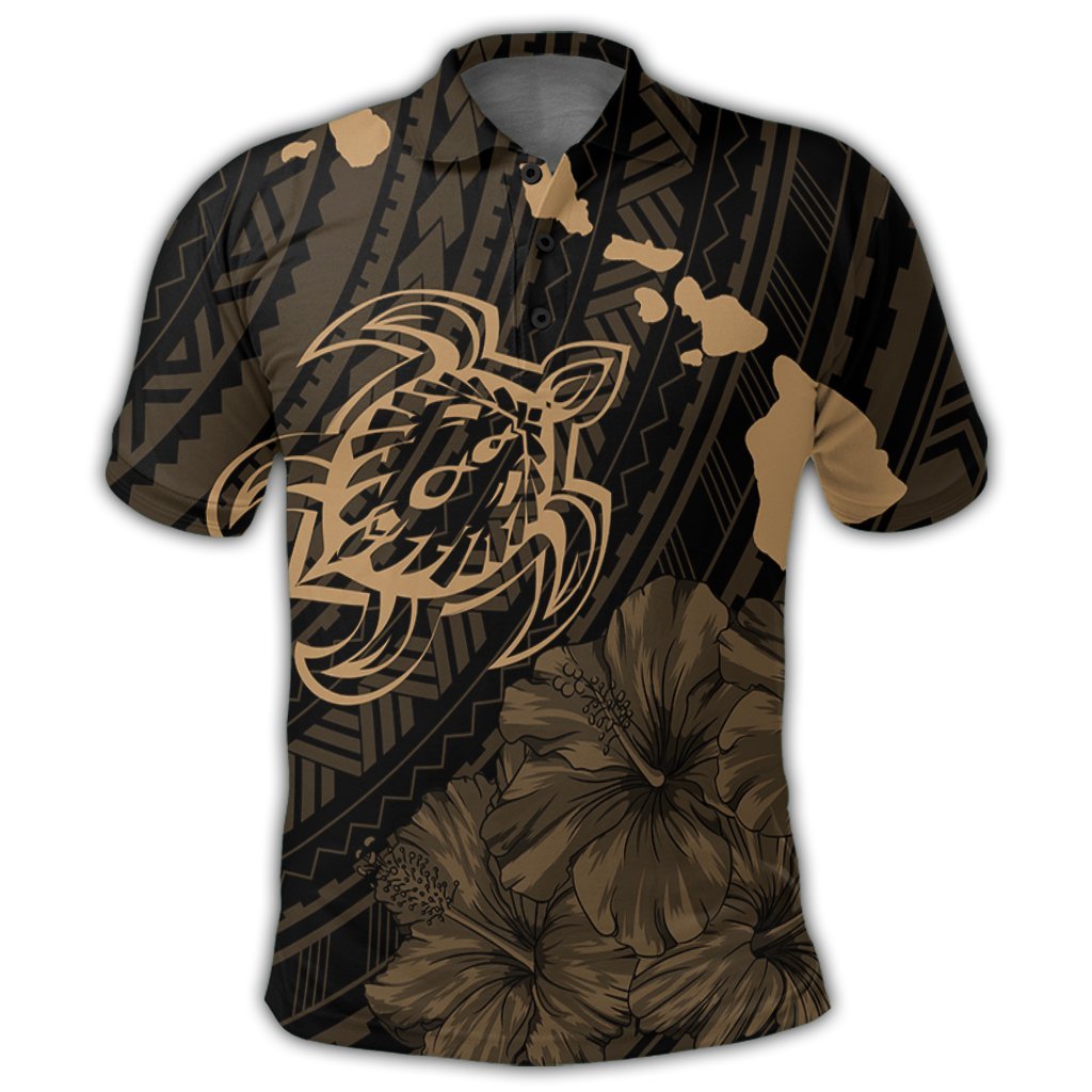 Hawaiian Hibiscus Sea Turtle Swim Polynesian Polo Shirt Gold - Polynesian Pride