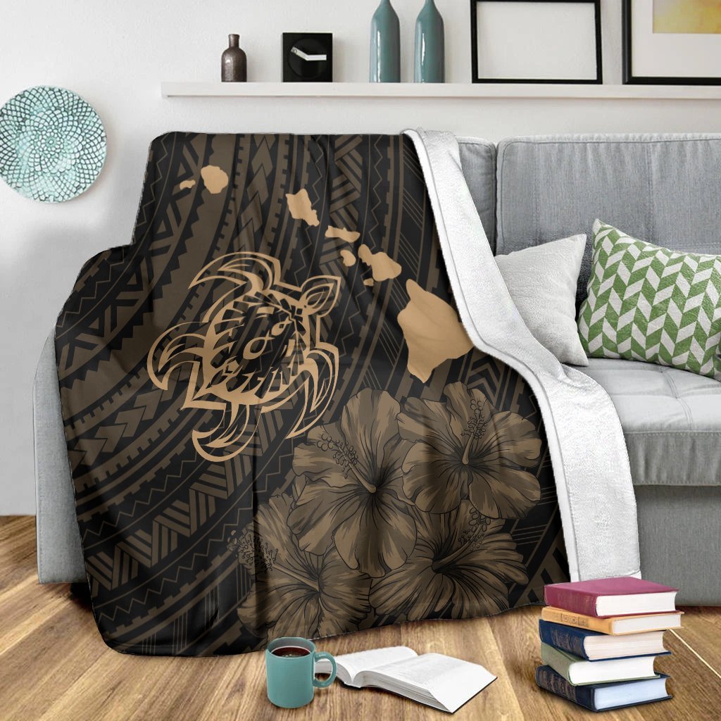 Hawaiian Hibiscus Sea Turtle Swim Polynesian Premium Blankets - Gold - AH - Polynesian Pride