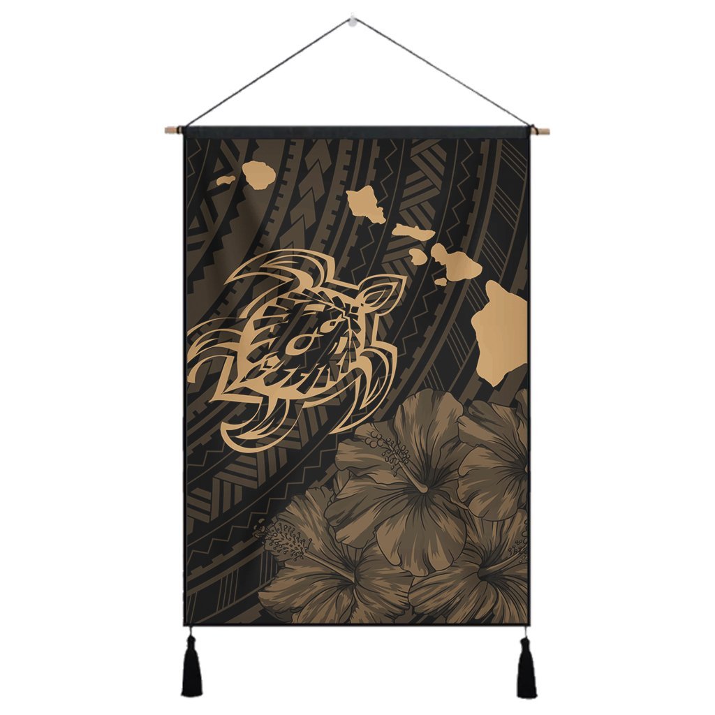 Hawaiian Hibiscus Sea Turtle Swim Polynesian Hanging Poster - Gold - AH Hanging Poster Cotton And Linen - Polynesian Pride