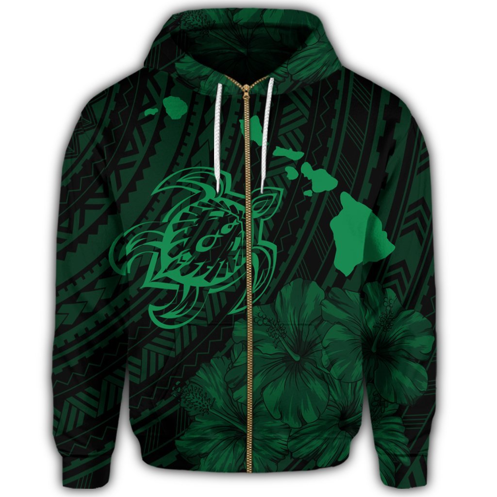 Hawaiian Hibiscus Sea Turtle Swim Polynesian Zip Hoodie Green - Polynesian Pride