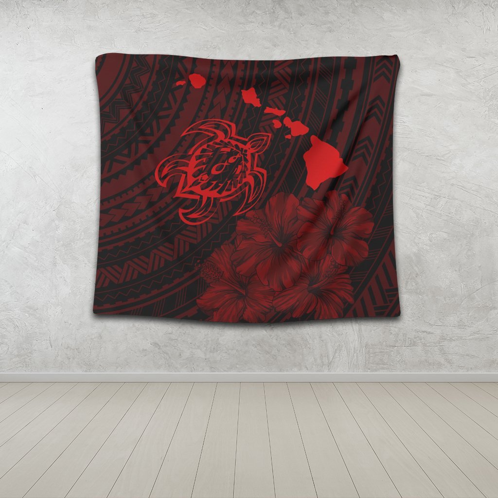 Hawaiian Hibiscus Sea Turtle Swim Polynesian Tapestry - Red - AH - Polynesian Pride