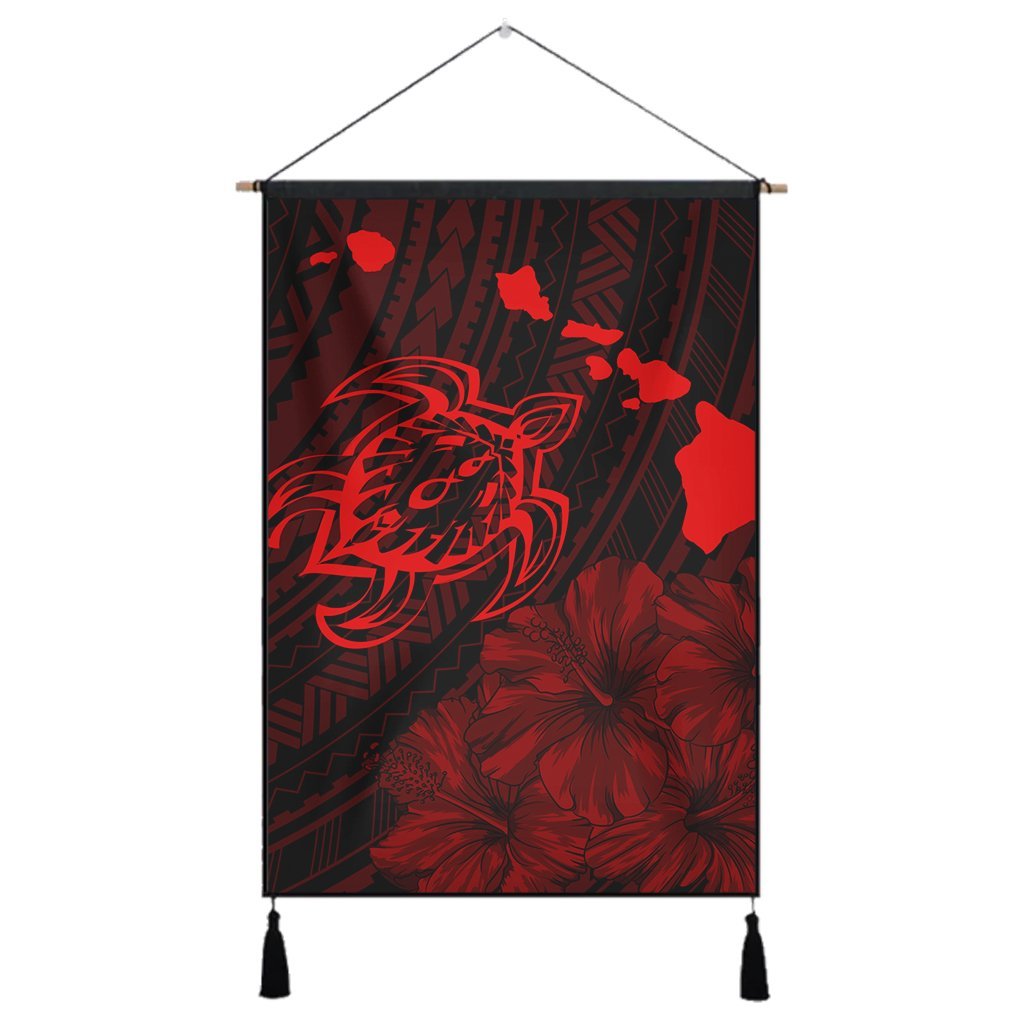 Hawaiian Hibiscus Sea Turtle Swim Polynesian Hanging Poster - Red - AH Hanging Poster Cotton And Linen - Polynesian Pride