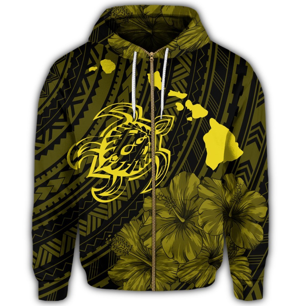 Hawaiian Hibiscus Sea Turtle Swim Polynesian Zip Hoodie Yellow - Polynesian Pride