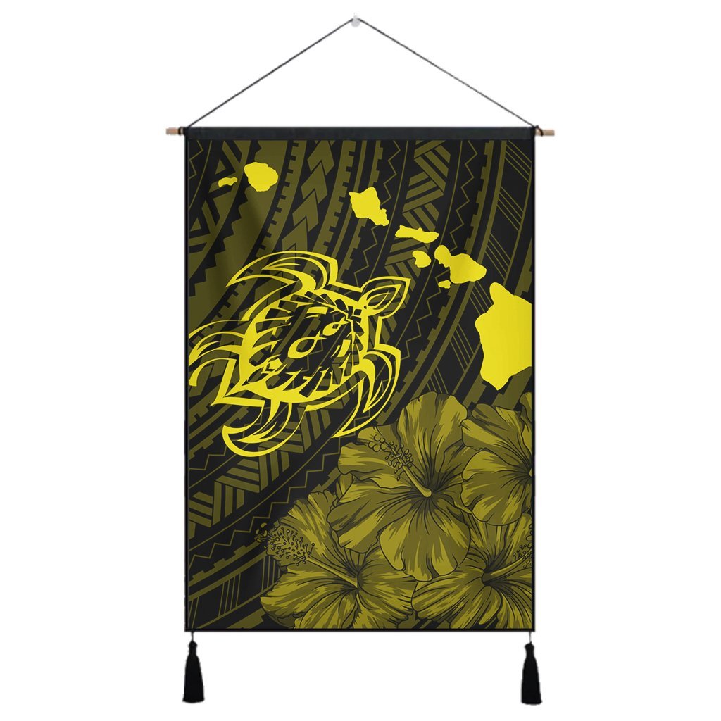 Hawaiian Hibiscus Sea Turtle Swim Polynesian Hanging Poster - Yellow - AH Hanging Poster Cotton And Linen - Polynesian Pride