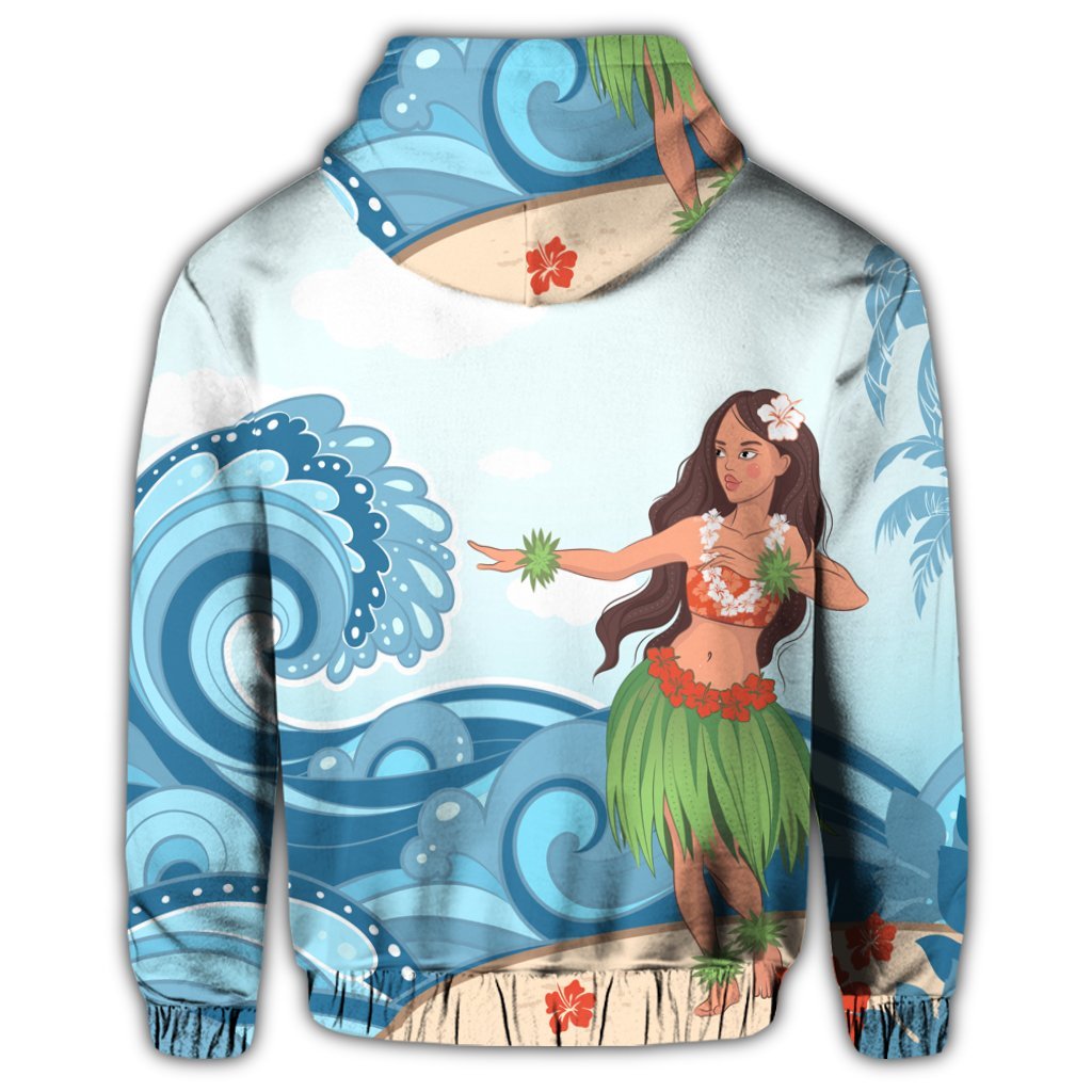 Hawaiian Hula Dance Cartoon Hibiscus Wave Zip Hoodie - Polynesian Pride