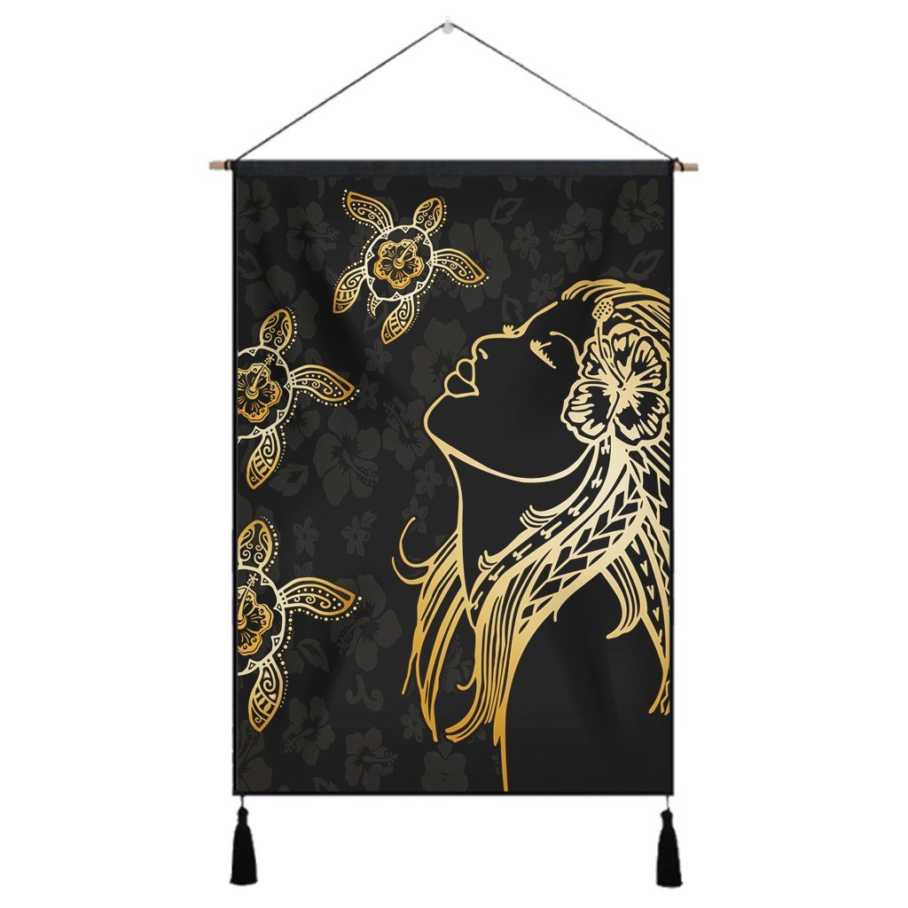 Hawaiian Hula Girl And Turtle Hibiscus Hanging Poster - AH Hanging Poster Cotton And Linen - Polynesian Pride