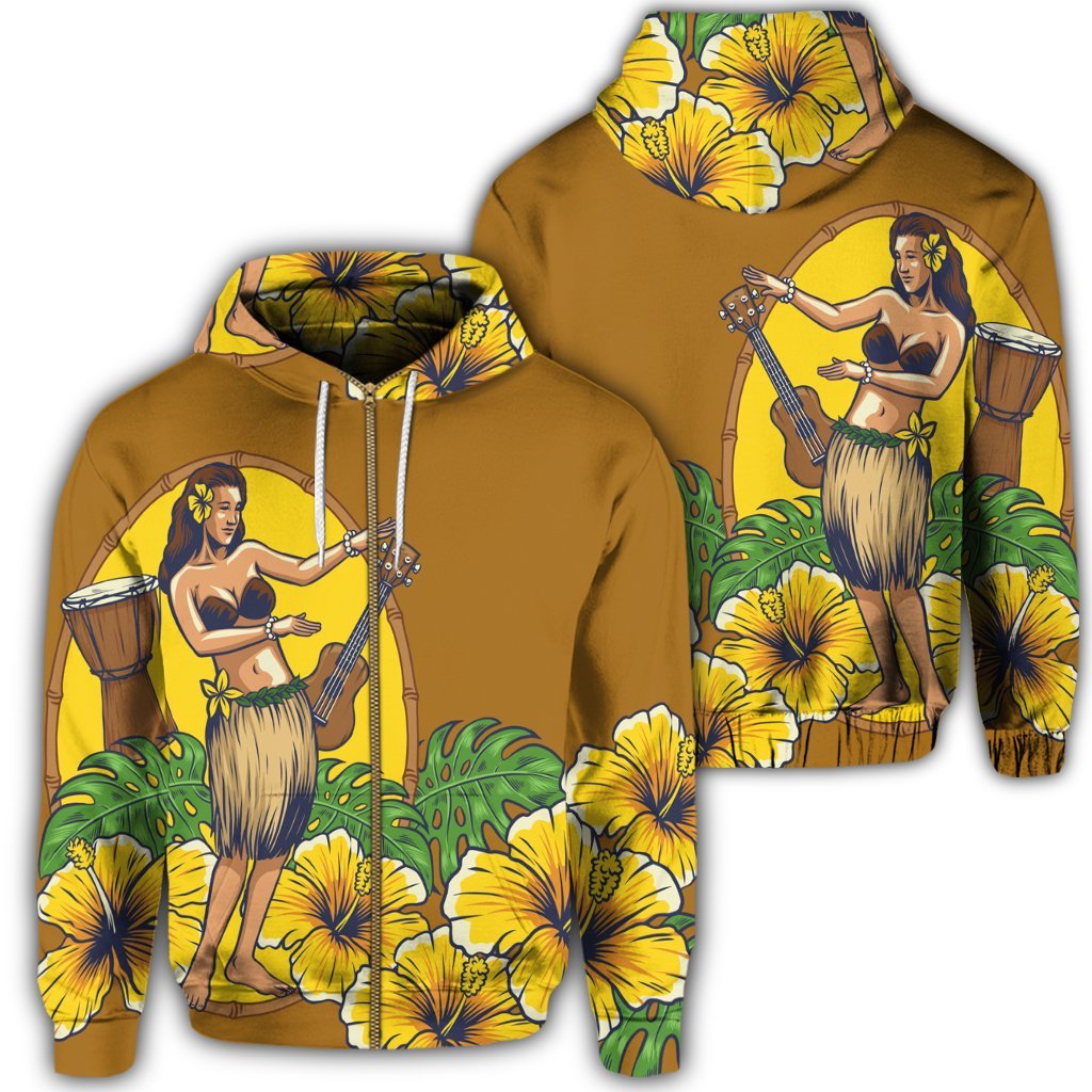 Hawaiian Hula Girl Monstera Hibiscus Polynesian Zip Hoodie Unisex Art - Polynesian Pride