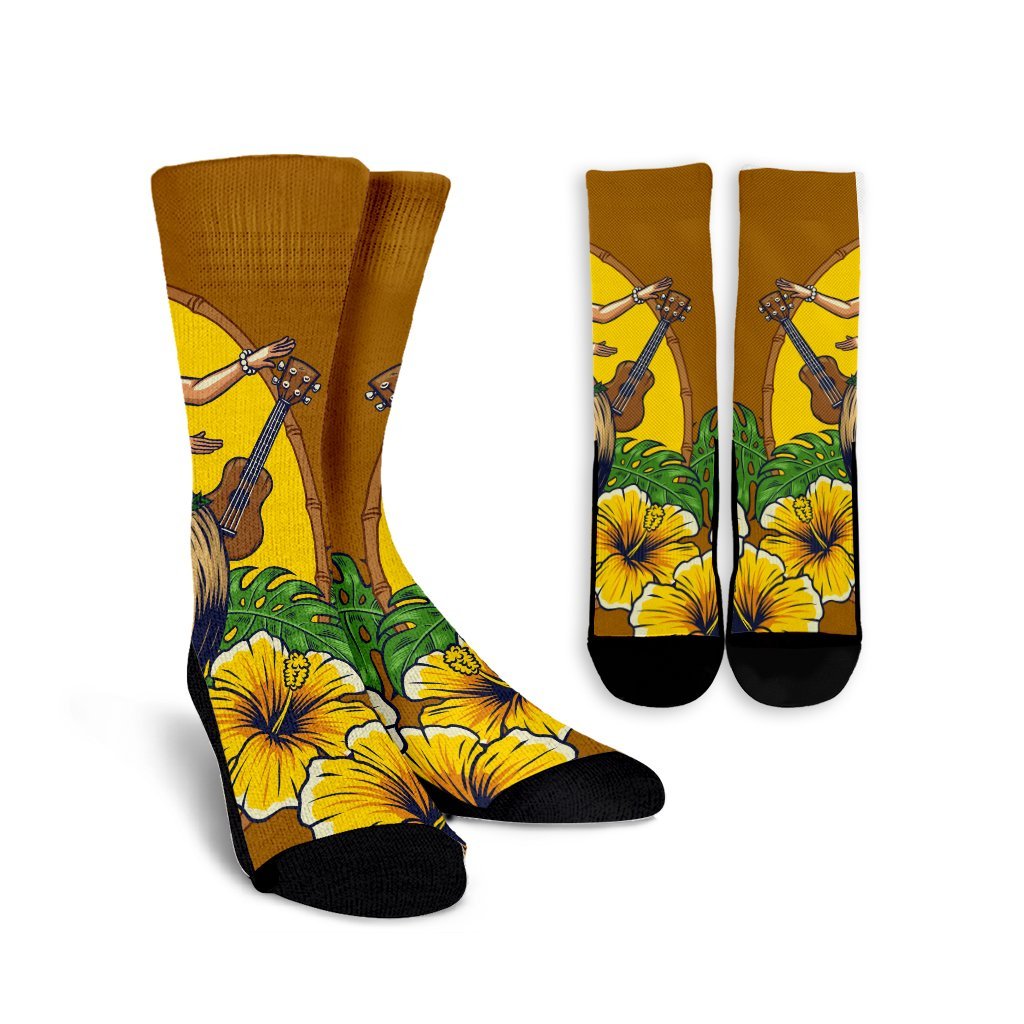 Hawaiian Hula Girl Monstera Hibiscus Polynesian Crew Socks - AH Crew Socks White - Polynesian Pride