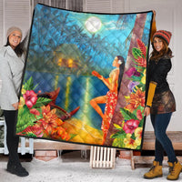 Hawaiian Hula Girl Sing In Aboriginal Village At Night Premium Quilts - AH - Polynesian Pride