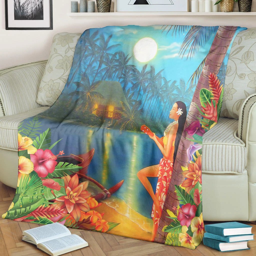 Hawaiian Hula Girl Sing In Aboriginal Village Aat Night Premium Blankets - AH - Polynesian Pride