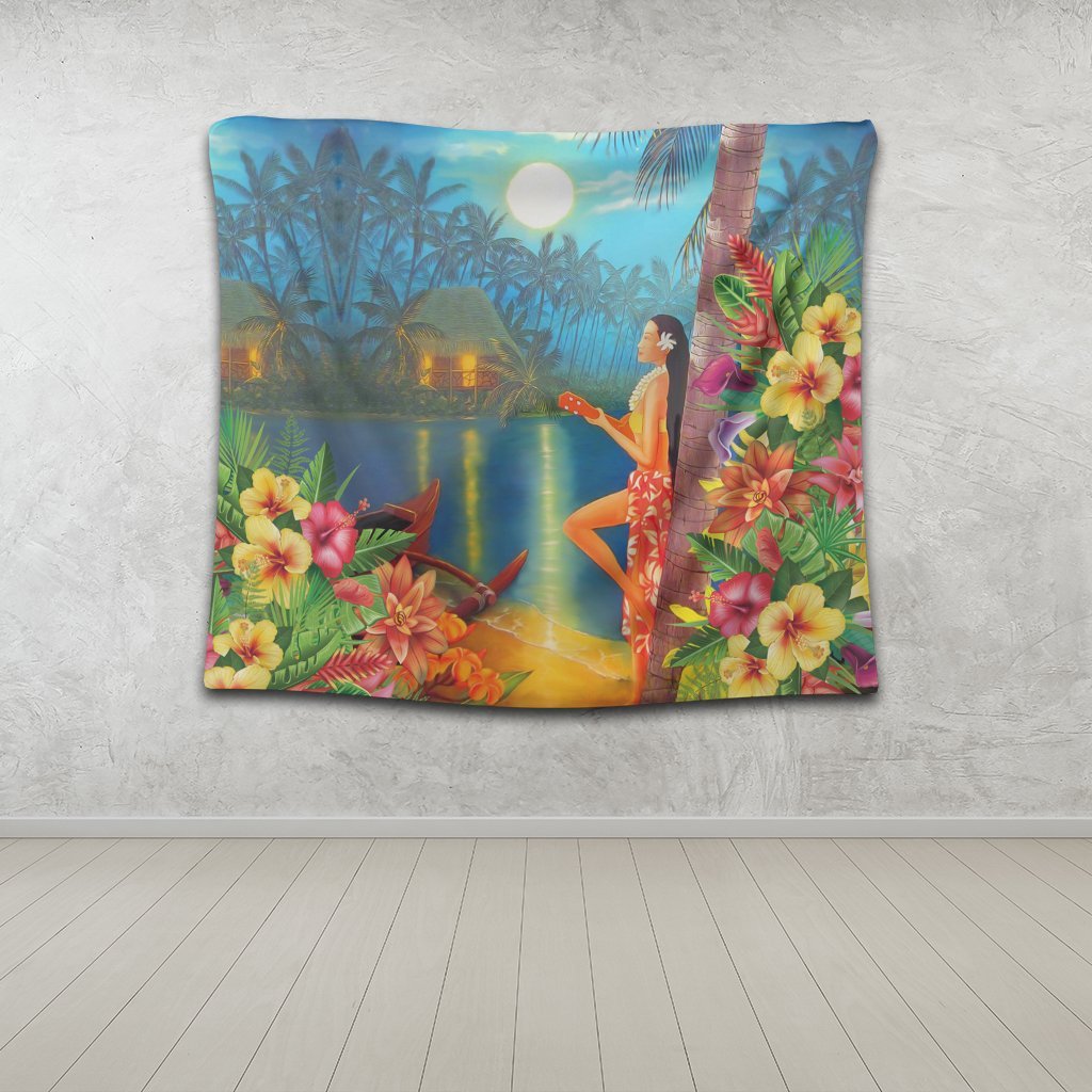 Hawaiian Hula Girl Sing In Aboriginal Village Aat Night Tapestry - AH - Polynesian Pride