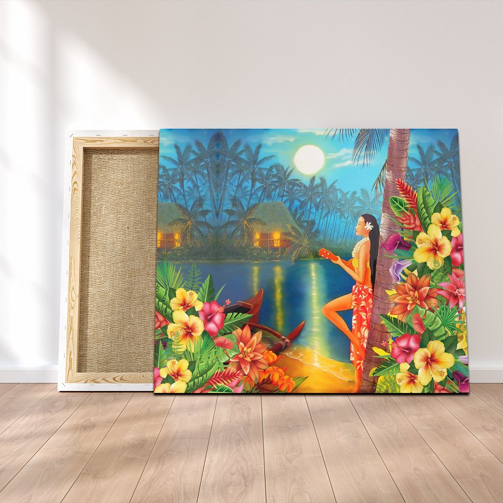 Hawaiian Hula Girl Sing In Aboriginal Village Aat Night Canvas - AH Canvas Poly-cotton - Polynesian Pride