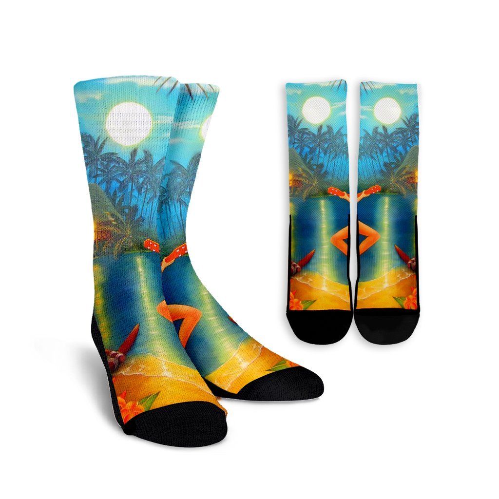 Hawaiian Hula Girl Sing In Aboriginal Village Aat Night Crew Socks - AH Crew Socks White - Polynesian Pride
