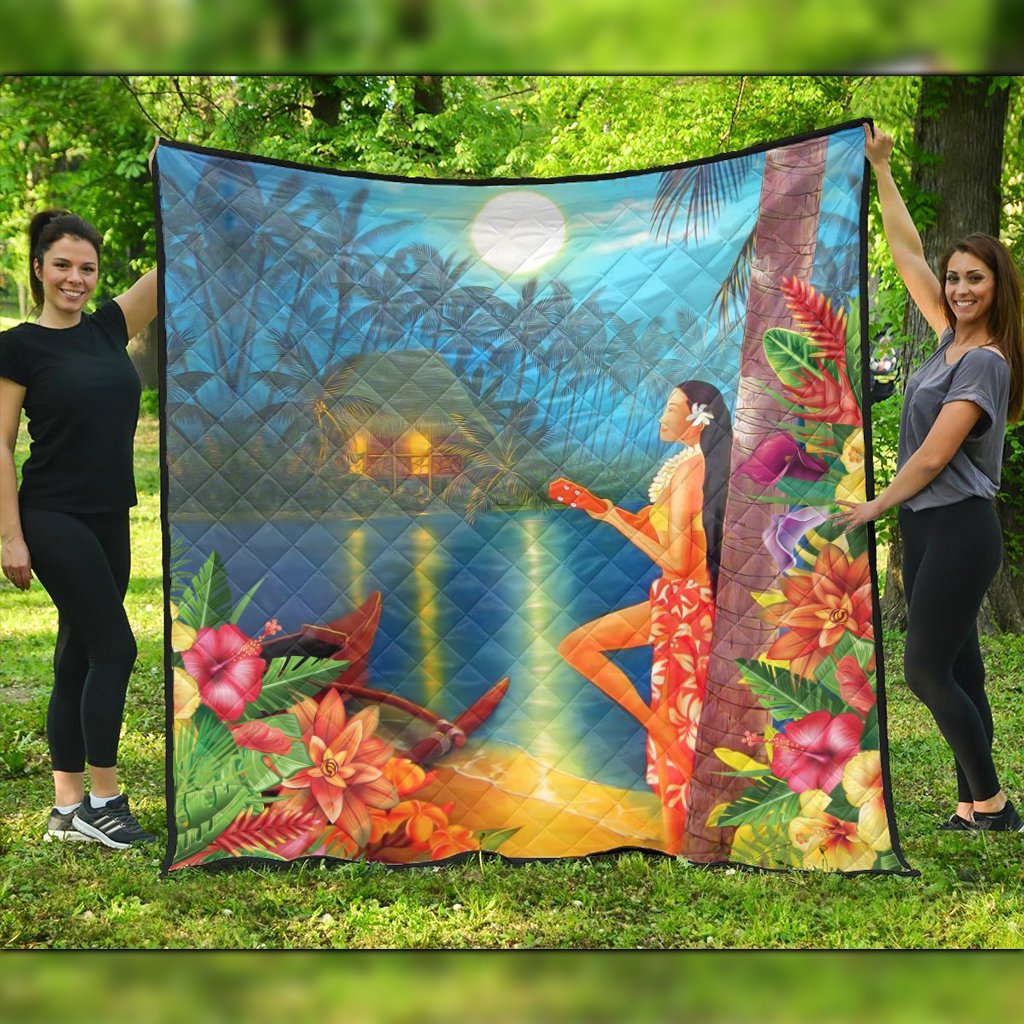 Hawaiian Hula Girl Sing In Aboriginal Village At Night Premium Quilts - AH Black - Polynesian Pride